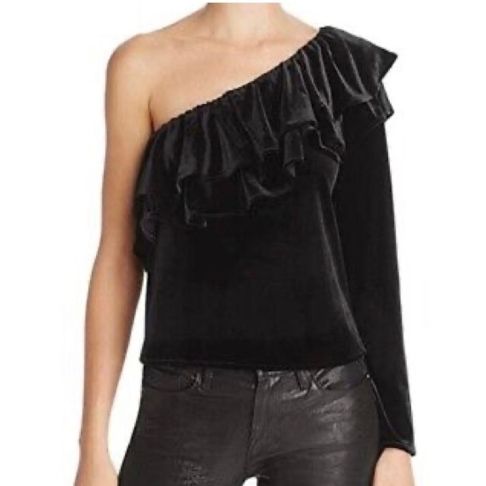 MISA Los Angeles Black Velvet One Shoulder‎ Ruffle Top Long Sleeve XS NEW
